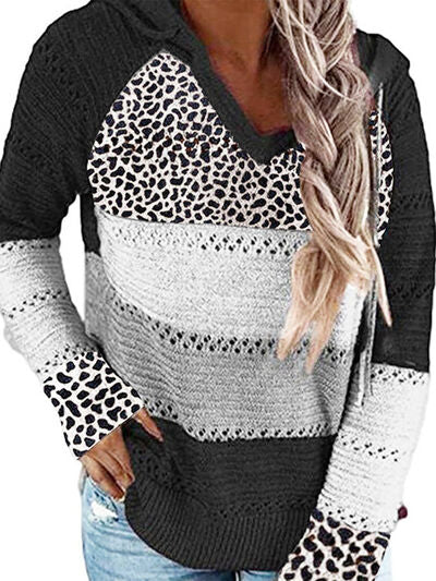 PREORDER- Full Size Openwork Leopard Drawstring Hooded Sweater