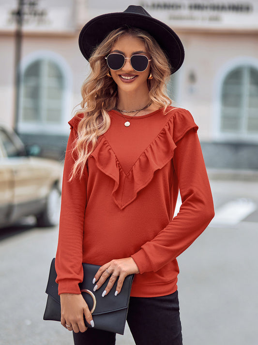 PREORDER- Ruffled Round Neck Long Sleeve Top