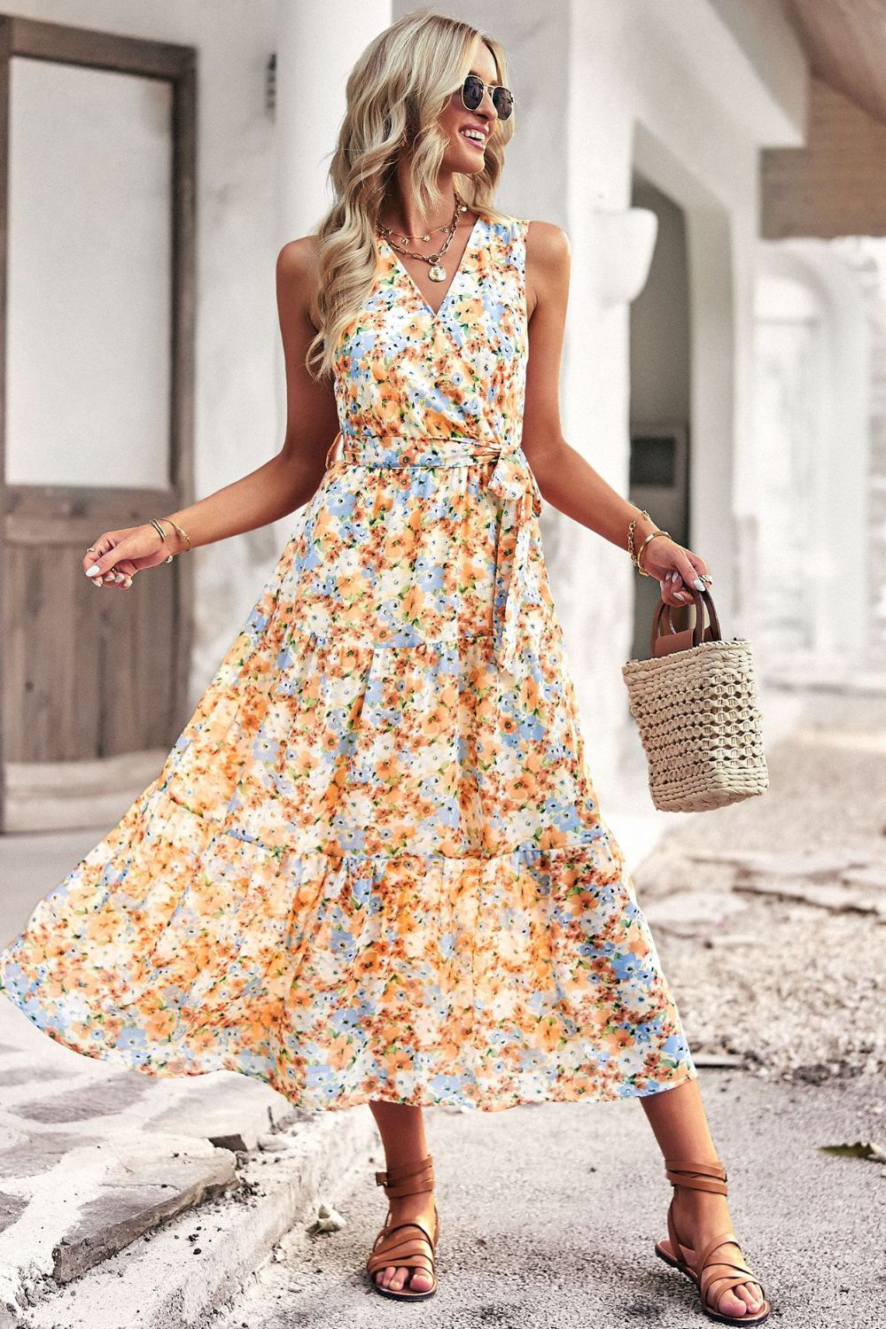 PREORDER- Floral Belted Surplice Sleeveless Tiered Dress