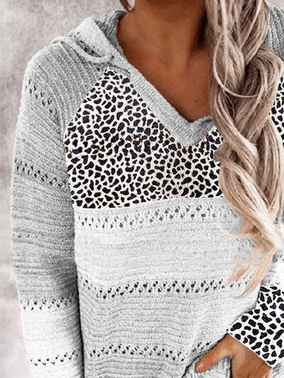 PREORDER- Full Size Openwork Leopard Drawstring Hooded Sweater