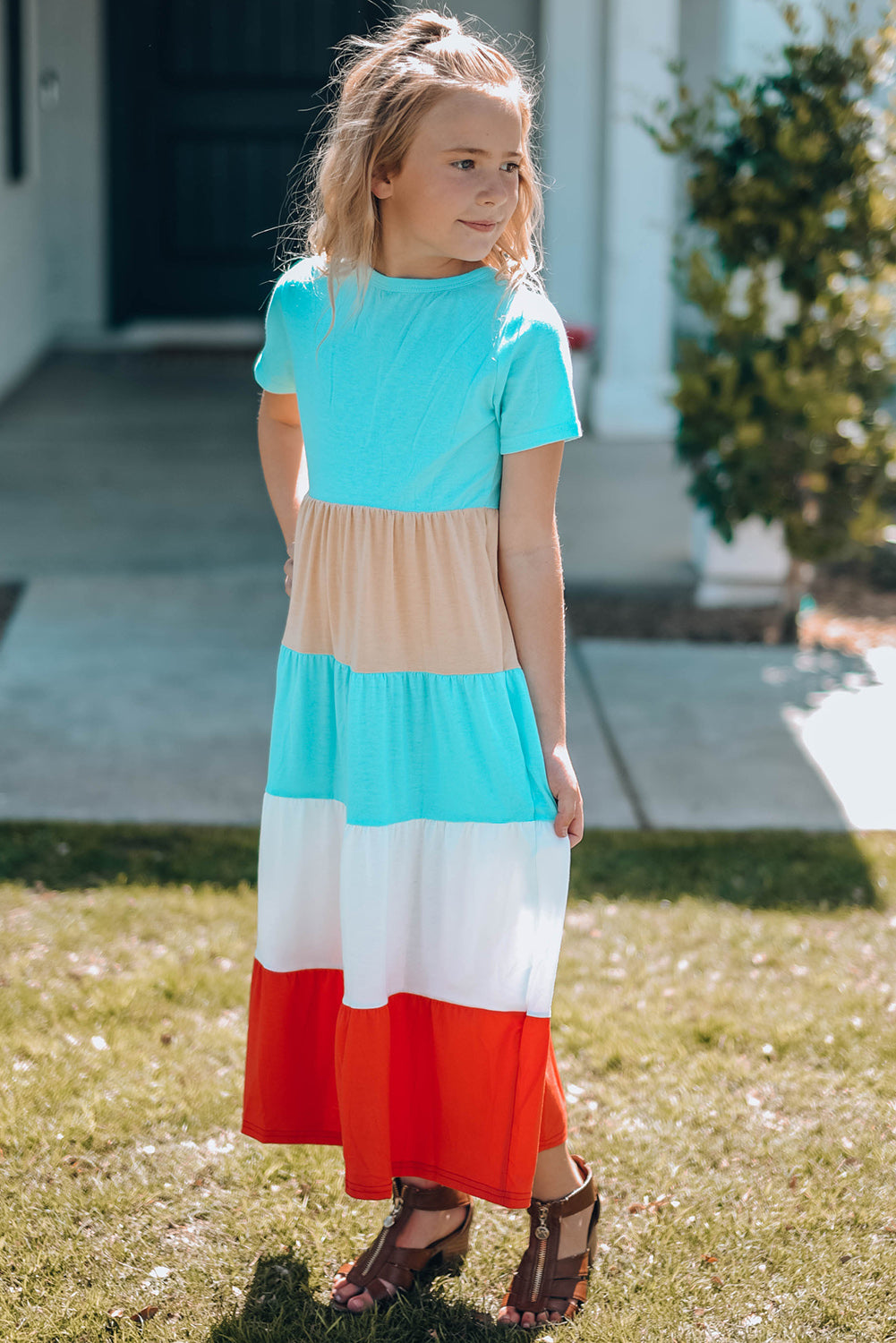 PREORDER- Girls Color Block Round Neck Maxi Dress