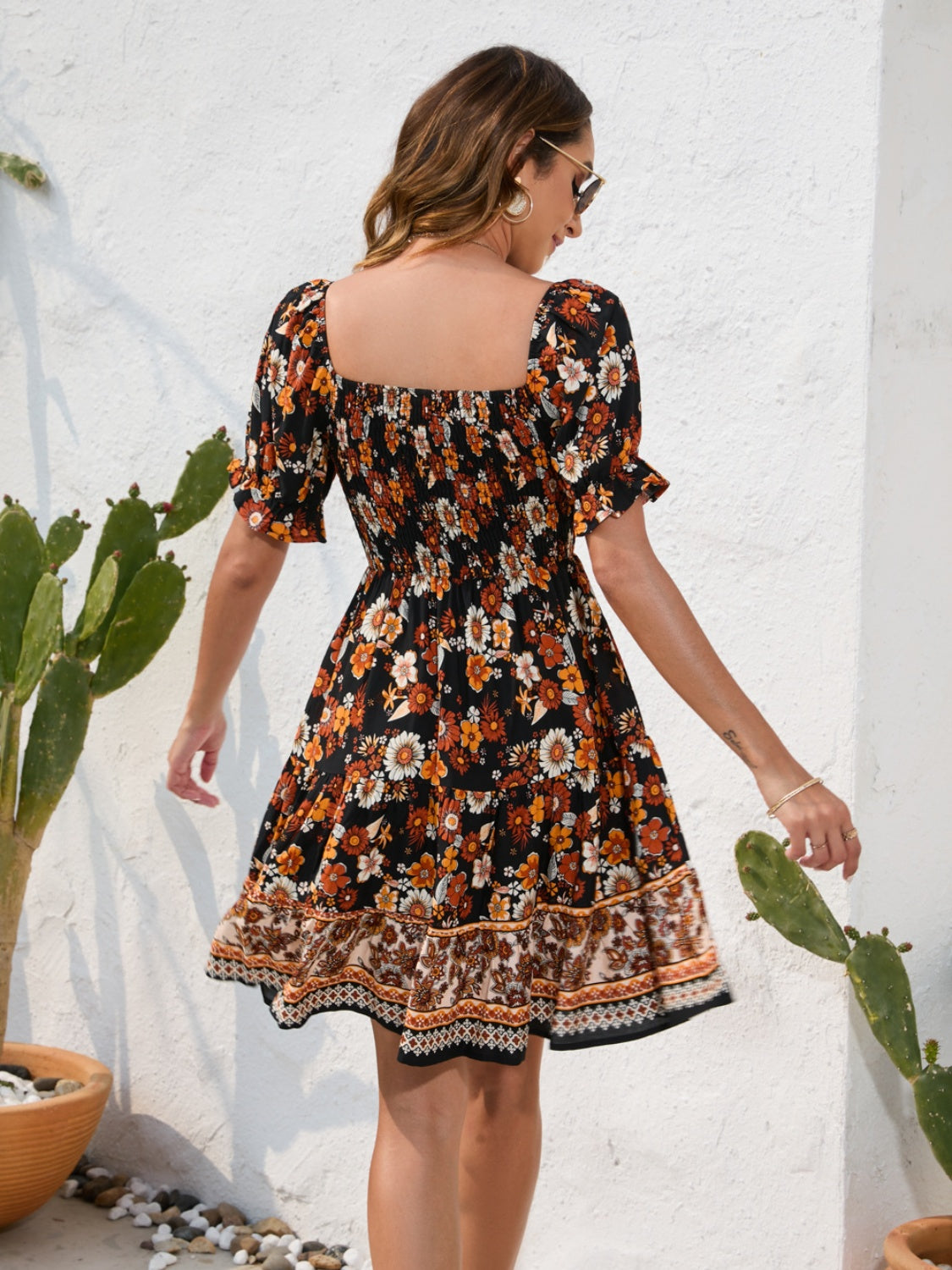 PREORDER- Printed Square Neck Short Sleeve Dress