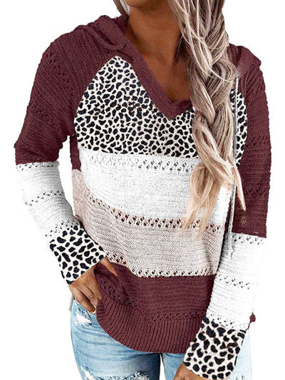 PREORDER- Full Size Openwork Leopard Drawstring Hooded Sweater