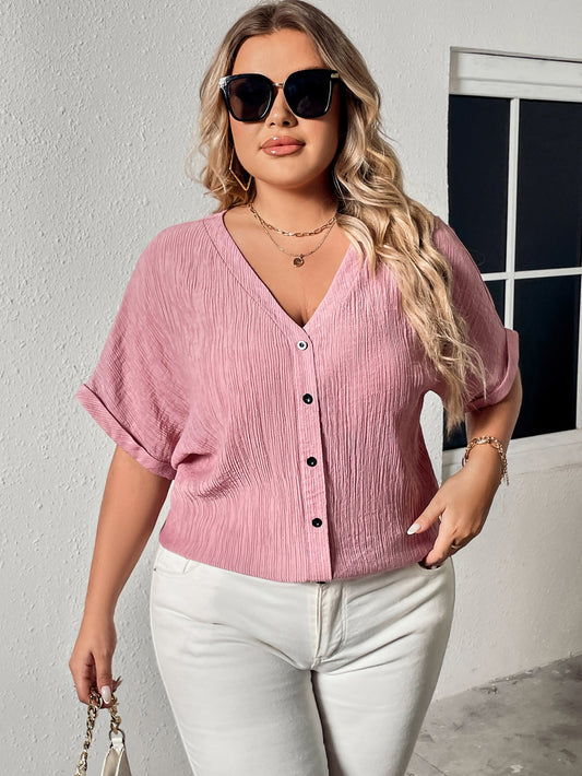 PREORDER- Plus Size Buttoned V-Neck Short Sleeve Blouse
