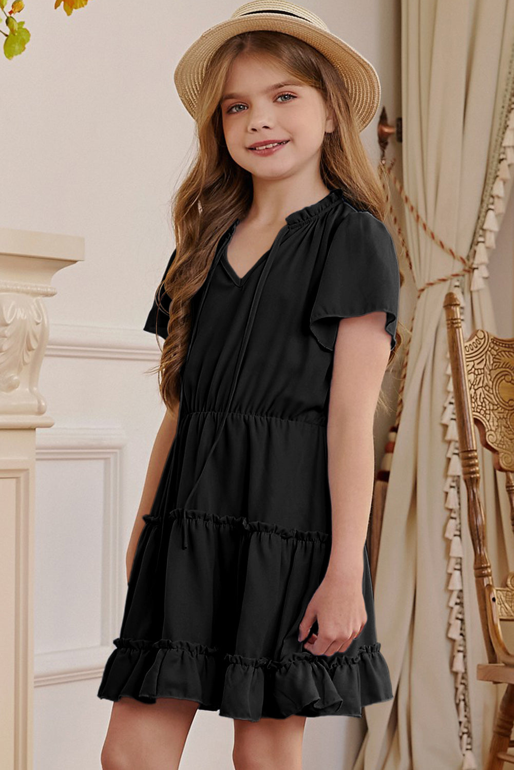 PREORDER- Girls Frilled Notched Neck Puff Sleeve Dress