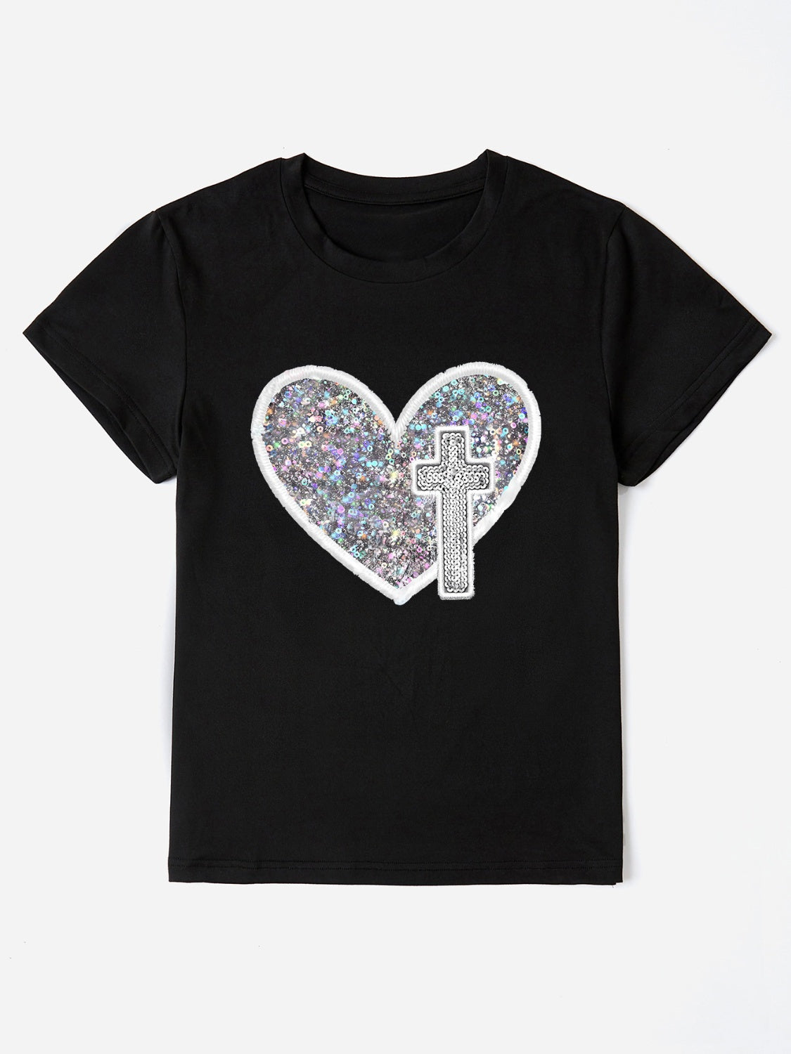 PREORDER- Sequin Heart Round Neck Short Sleeve T-Shirt