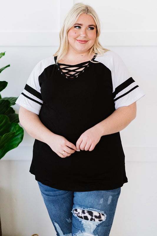 PREORDER- Plus Size Contrast Crisscross Tee Shirt