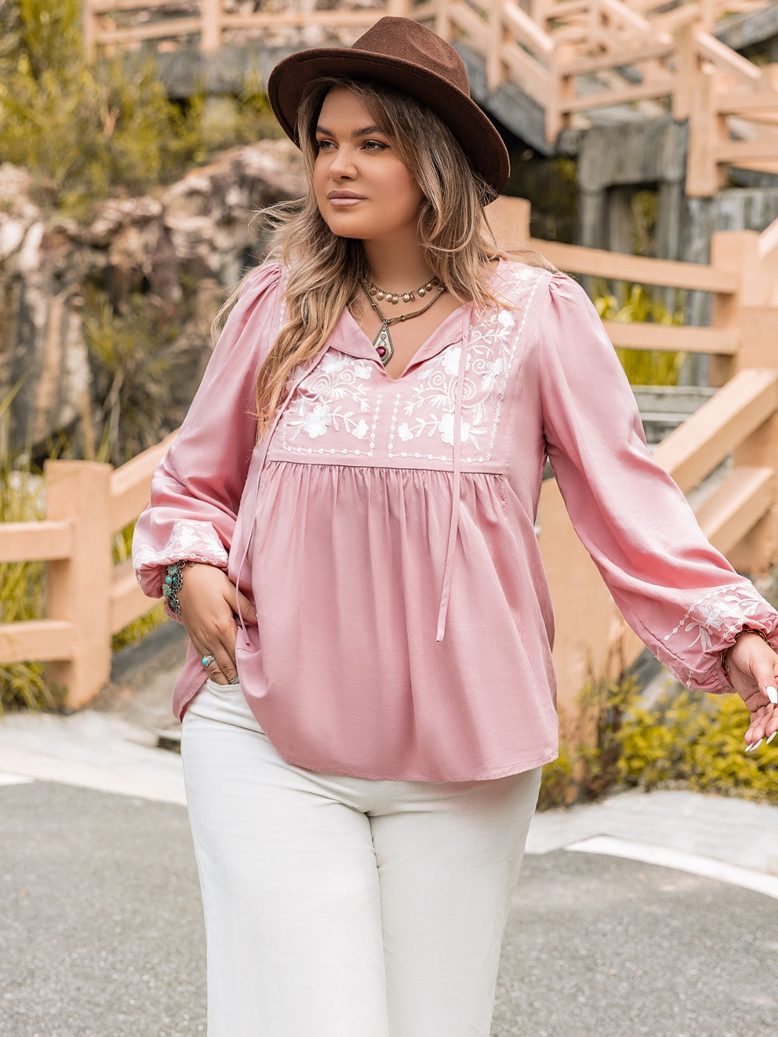 PREORDER- Plus Size Tie Neck Puff Sleeve Blouse