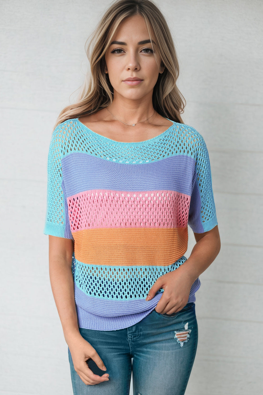 PREORDER- Color Block Openwork Round Neck Pullover Sweater