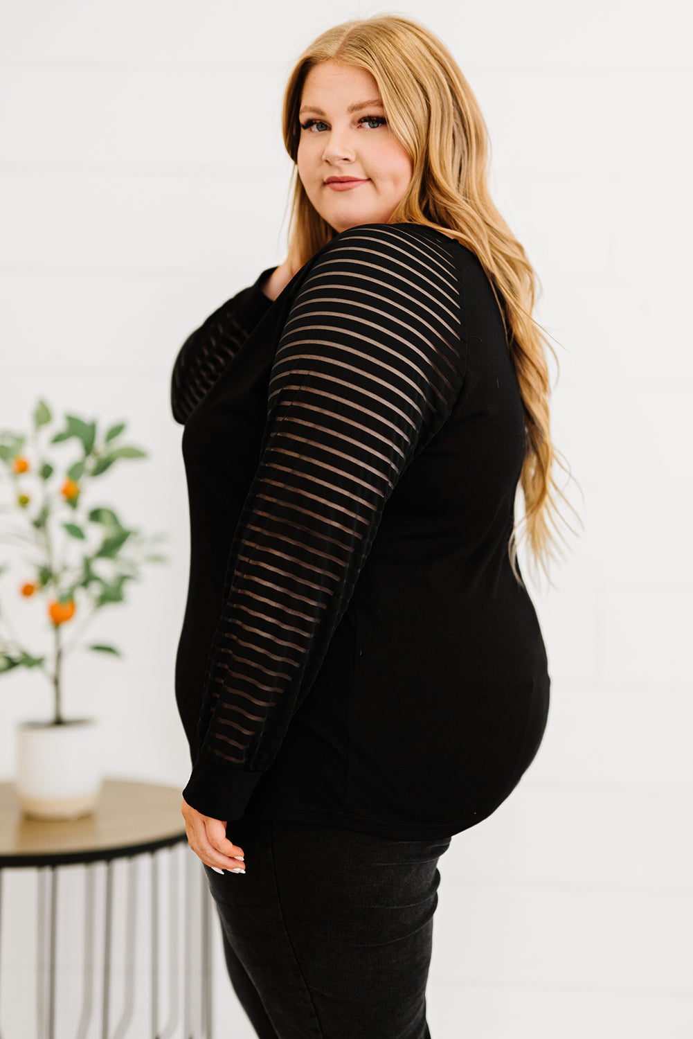 PREORDER- Plus Size Sheer Striped Sleeve V-Neck Top