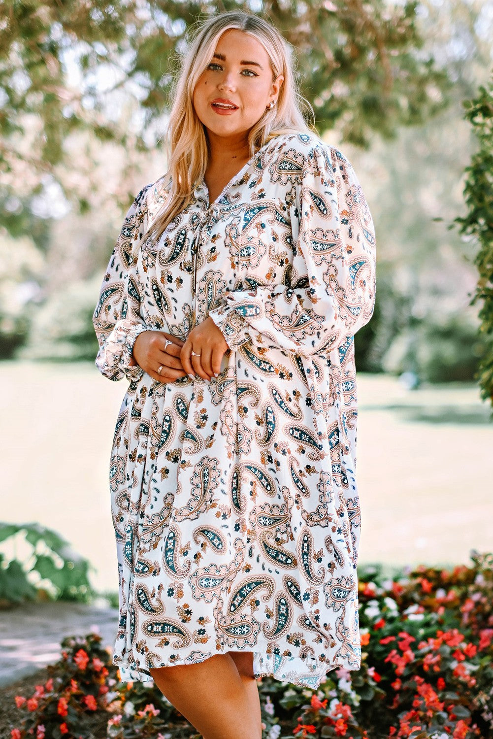 PREORDER- Plus Size Paisley Print Puff Sleeve Dress