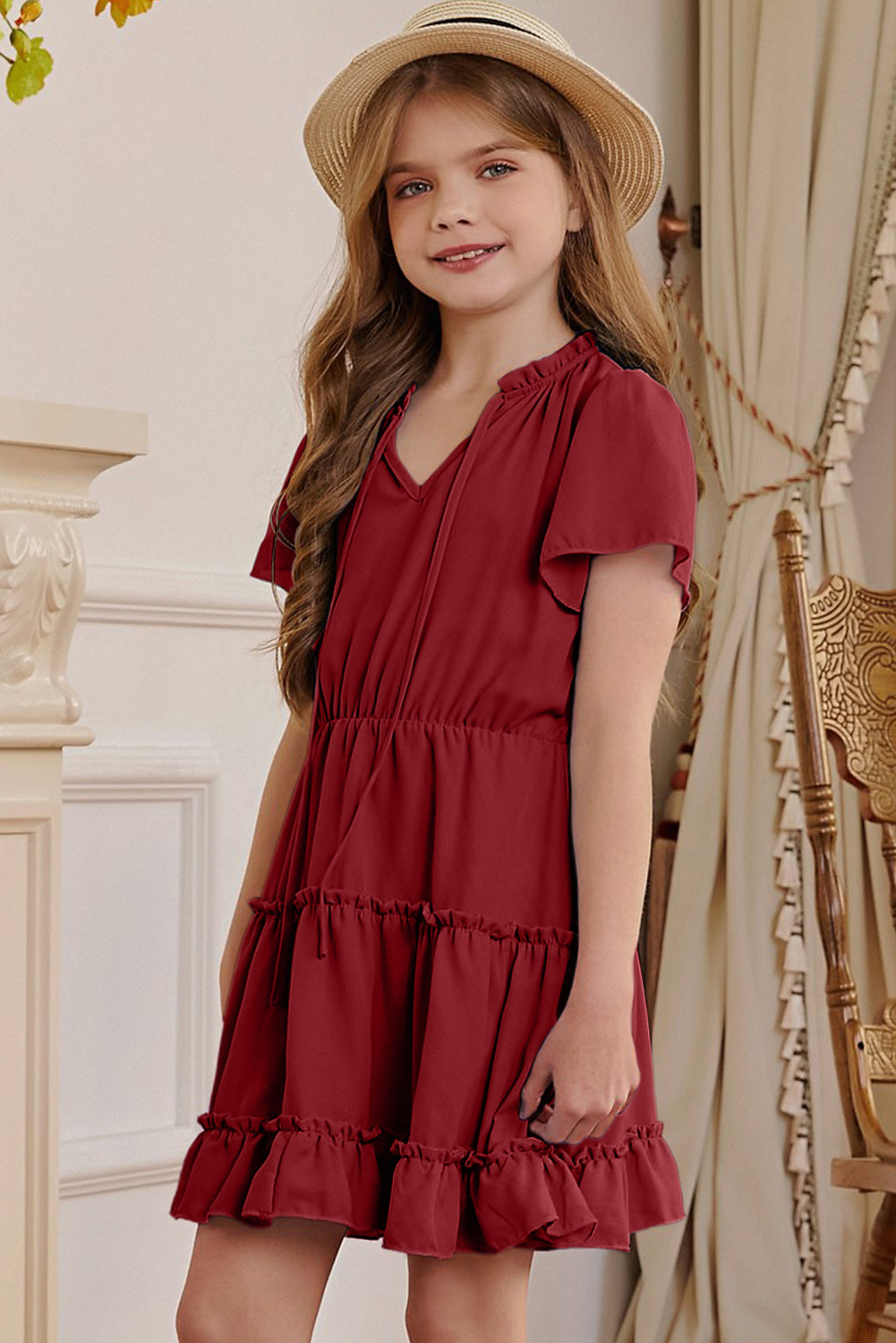 PREORDER- Girls Frilled Notched Neck Puff Sleeve Dress