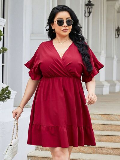 PREORDER- Plus Size Ruched Surplice Flounce Sleeve Mini Dress