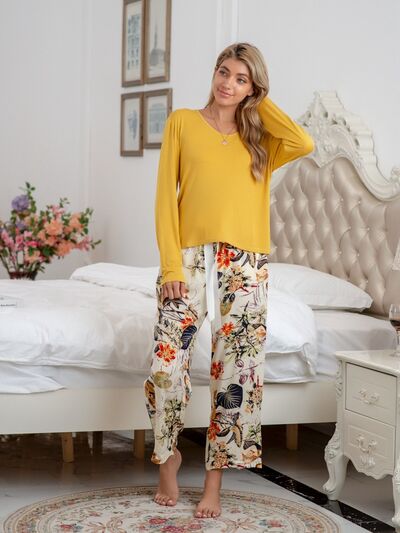 PREORDER- Round Neck Top and Printed Pants Lounge Set