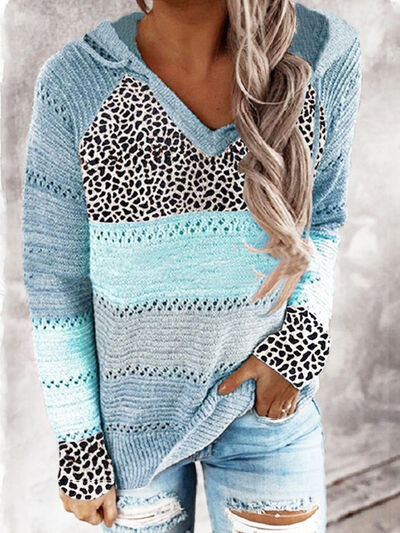 PREORDER- Full Size Openwork Leopard Drawstring Hooded Sweater
