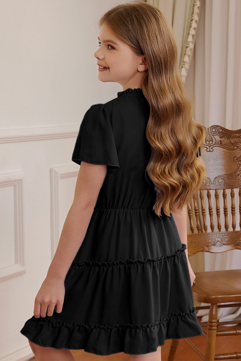 PREORDER- Girls Frilled Notched Neck Puff Sleeve Dress