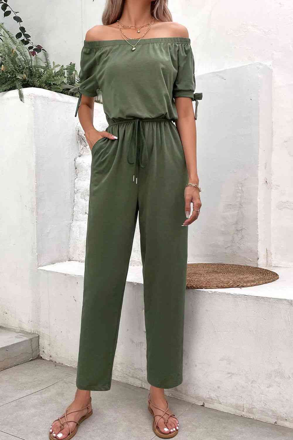 PREORDER- Off-Shoulder Tie Cuff Jumpsuit with Pockets