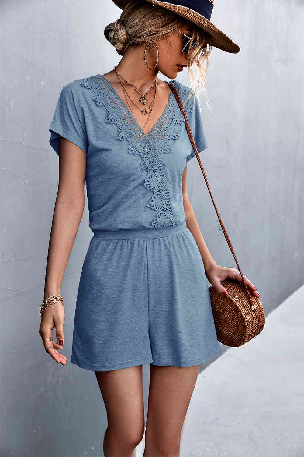 PREORDER- Lace Trim V-Neck Romper