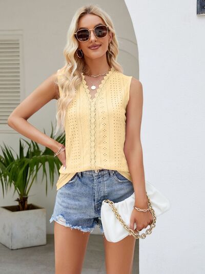 PREORDER- Eyelet Lace Detail V-Neck Tank