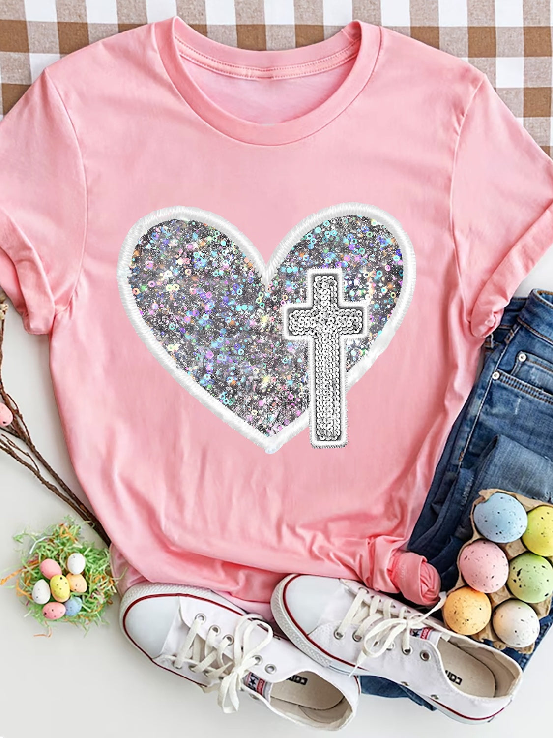 PREORDER- Sequin Heart Round Neck Short Sleeve T-Shirt