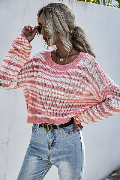 PREORDER- Striped Round Neck Dropped Shoulder Sweater