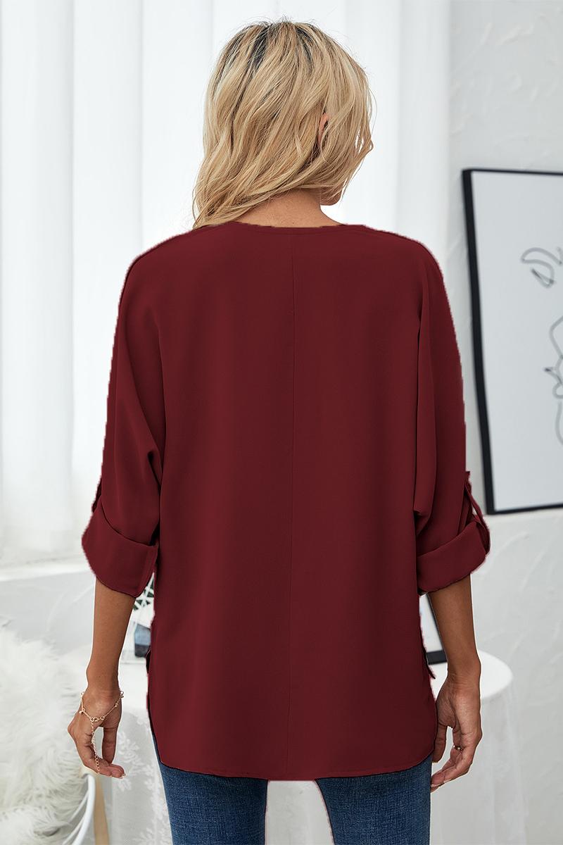 PREORDER- Roll-Tab Sleeve V-Neck Blouse