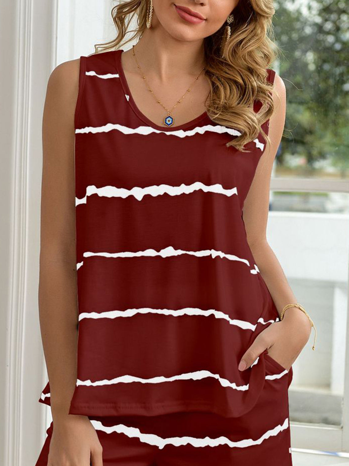 PREORDER- Striped Round Neck Tank and Shorts Lounge Set