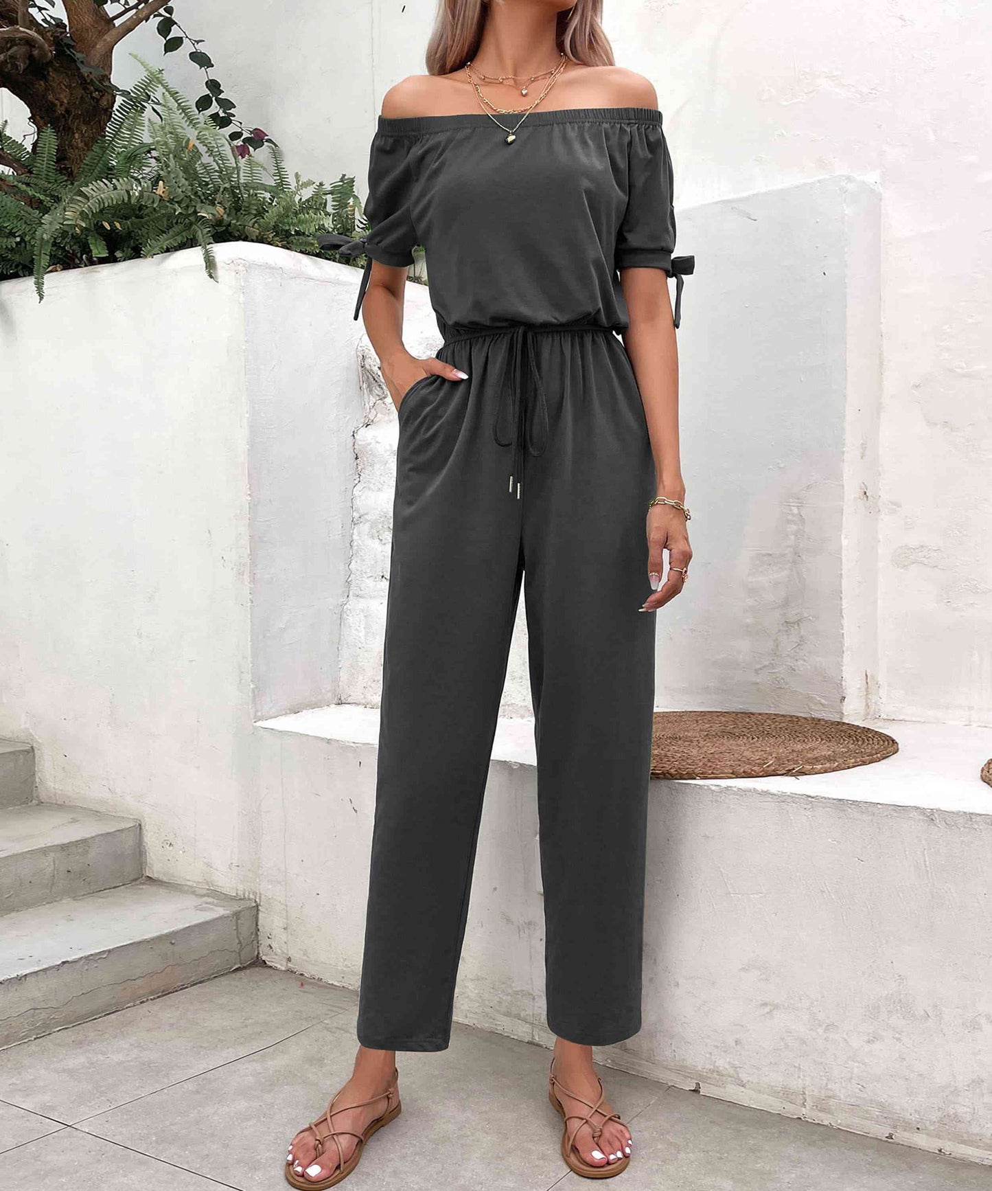 PREORDER- Off-Shoulder Tie Cuff Jumpsuit with Pockets