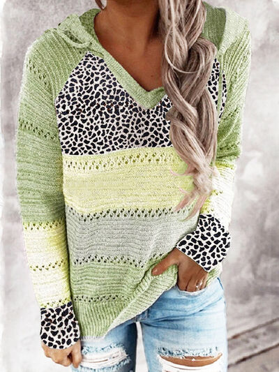 PREORDER- Full Size Openwork Leopard Drawstring Hooded Sweater