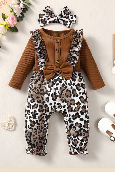 PREORDER- Baby Leopard Bow Round Neck Long Sleeve Jumpsuit