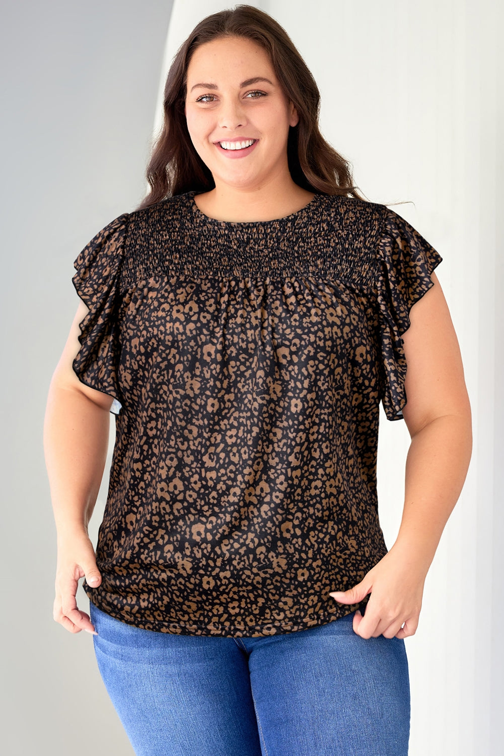 PREORDER- Plus Size Printed Smocked Butterfly Sleeve Blouse