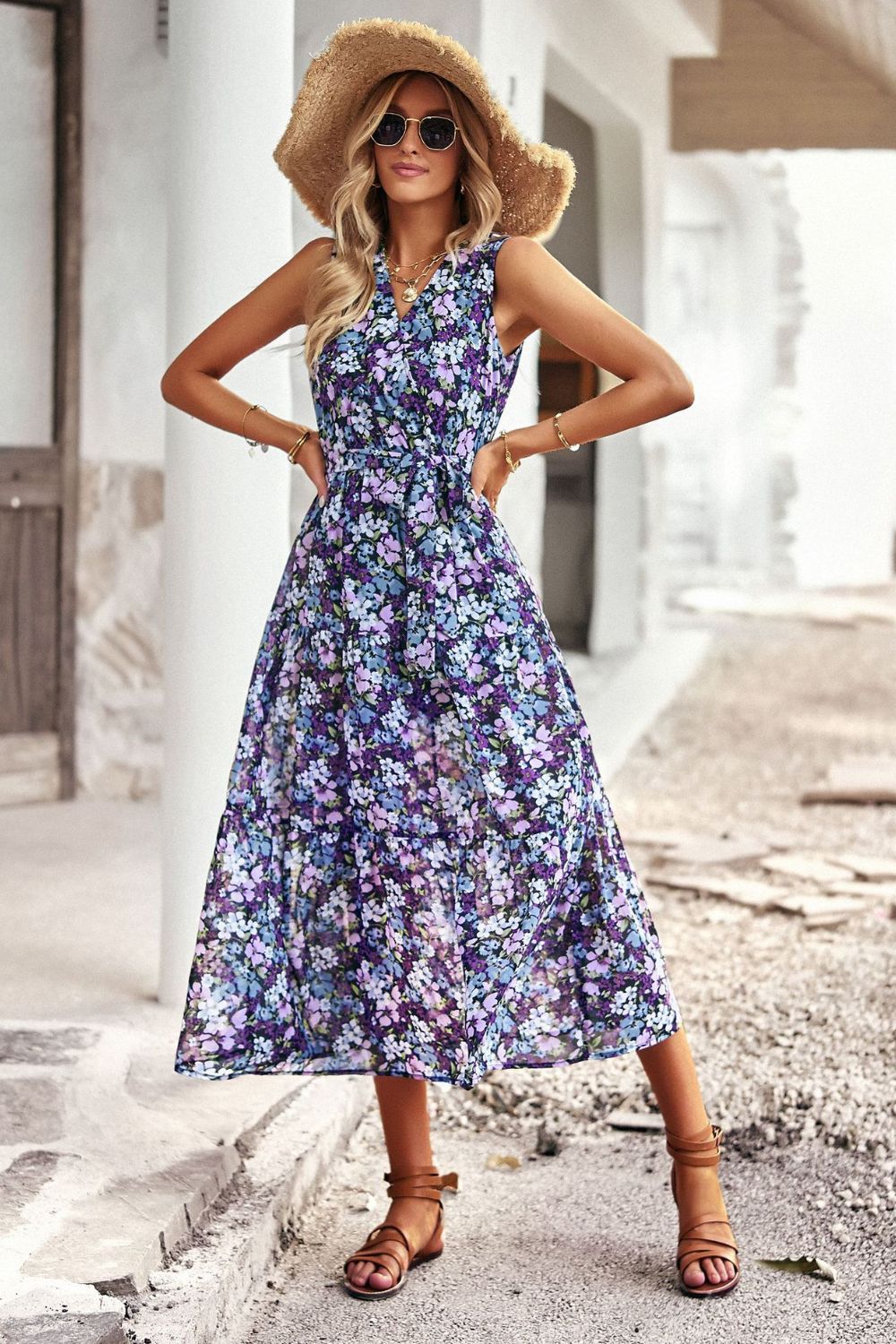 PREORDER- Floral Belted Surplice Sleeveless Tiered Dress