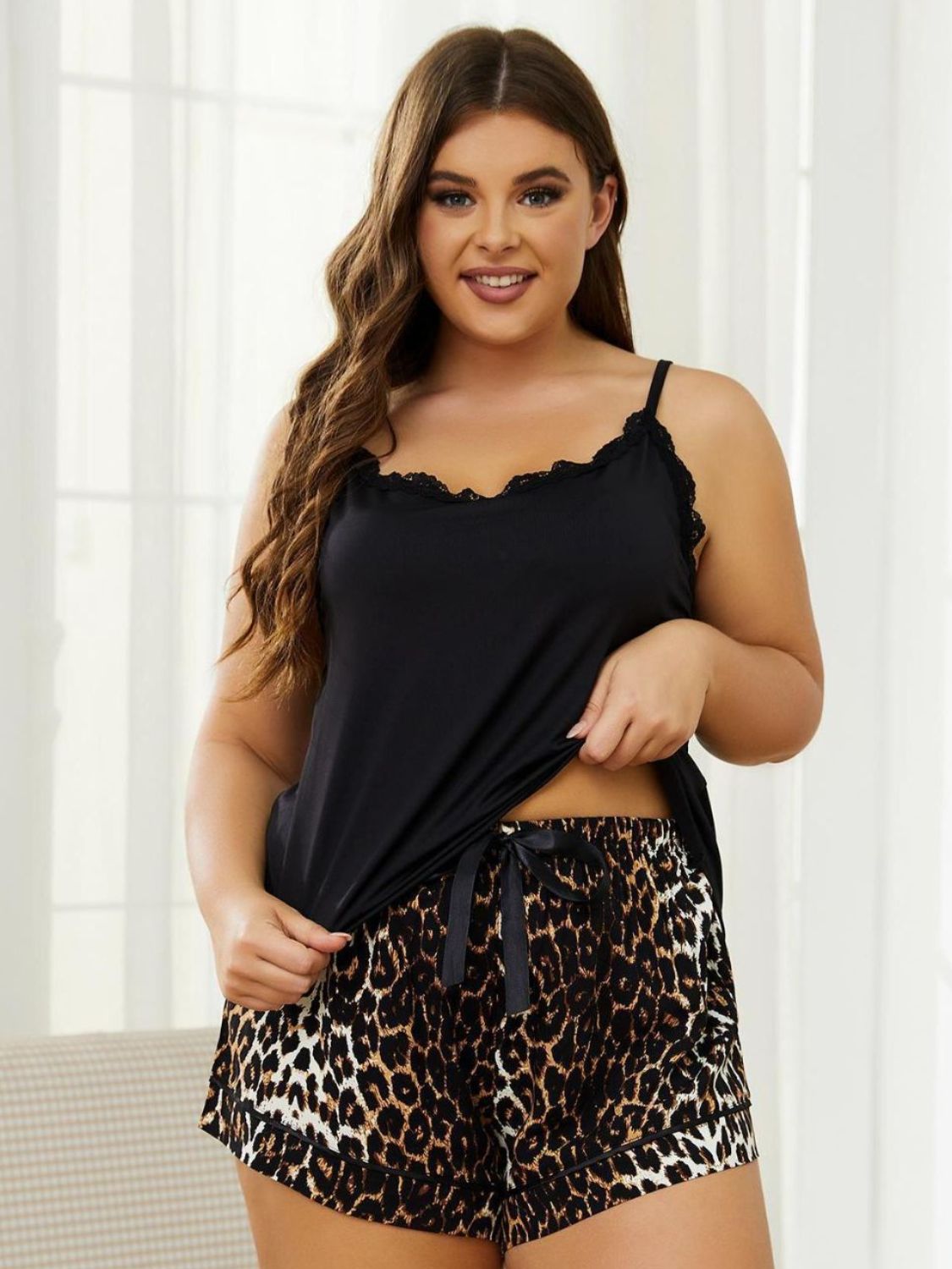 PREORDER- Plus Size Lace Trim Scoop Neck Cami and Printed Shorts Pajama Set