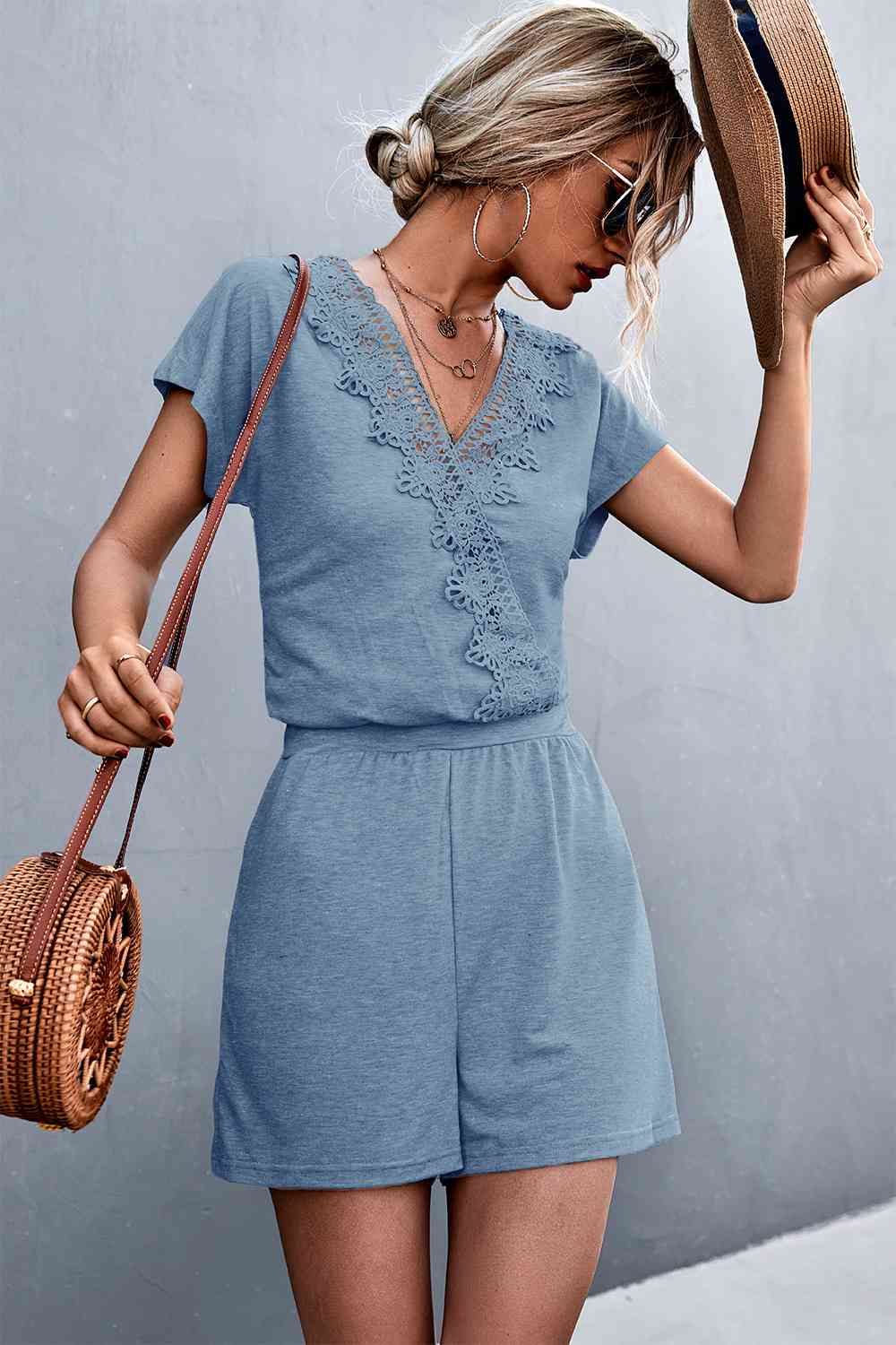 PREORDER- Lace Trim V-Neck Romper