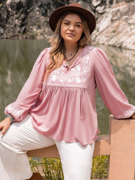 PREORDER- Plus Size Tie Neck Puff Sleeve Blouse
