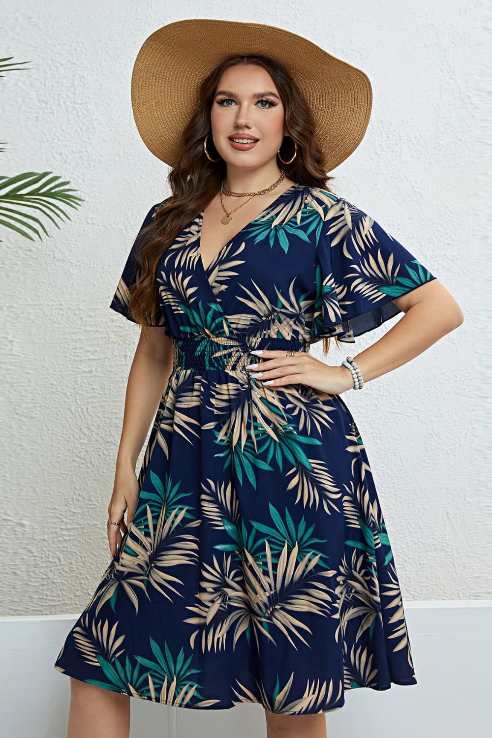 PREORDER- Plus Size Botanical Print Flutter Sleeve Smocked Waist Dress