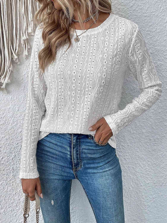 PREORDER- Eyelet Round Neck Long Sleeve Top