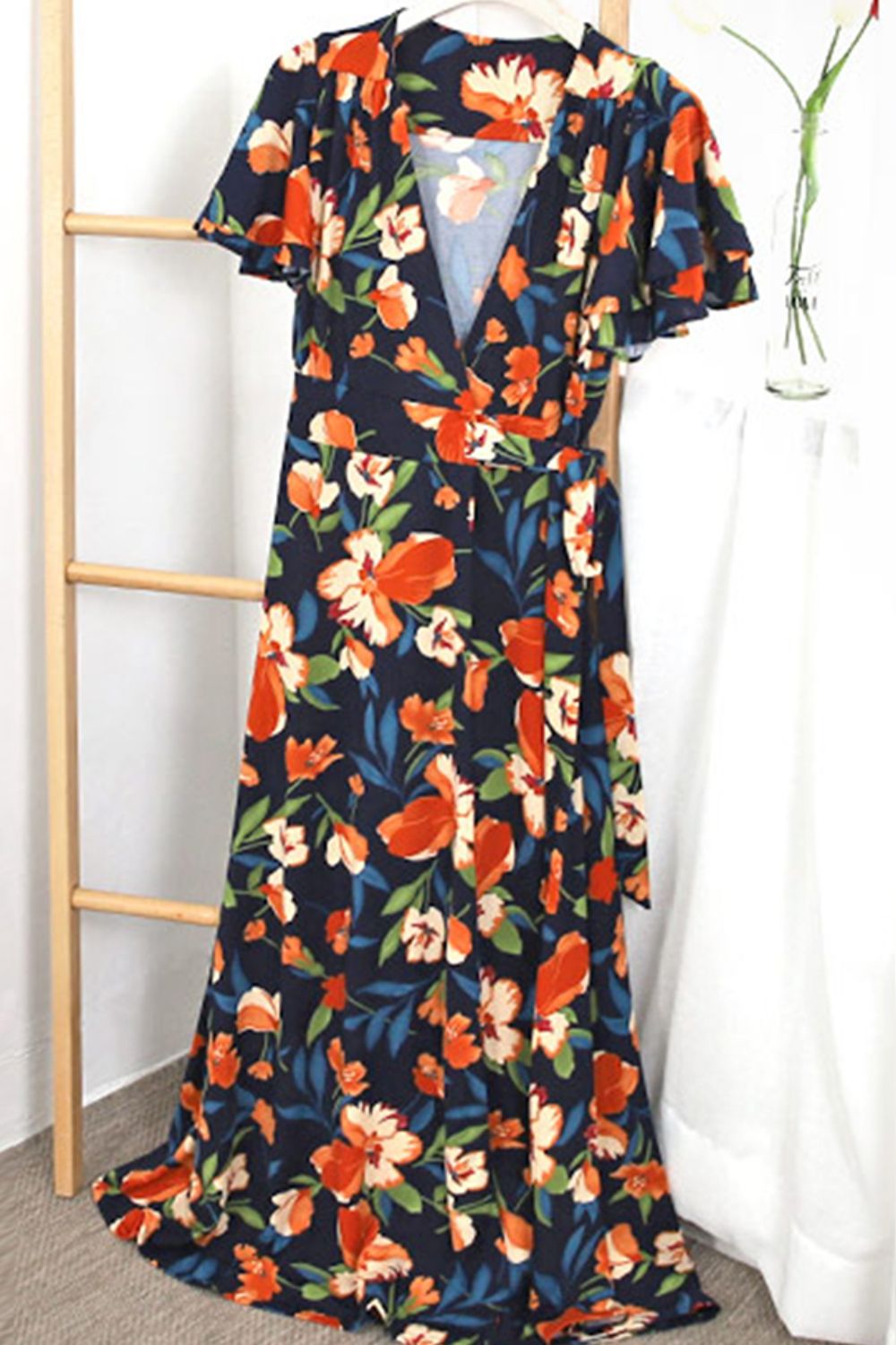 PREORDER- Plus Size Floral Surplice Neck Flutter Sleeve Dress