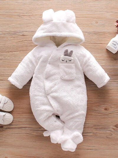 PREORDER- Baby Rabbit Decor Long Sleeve Hooded Snapped Jumpsuit