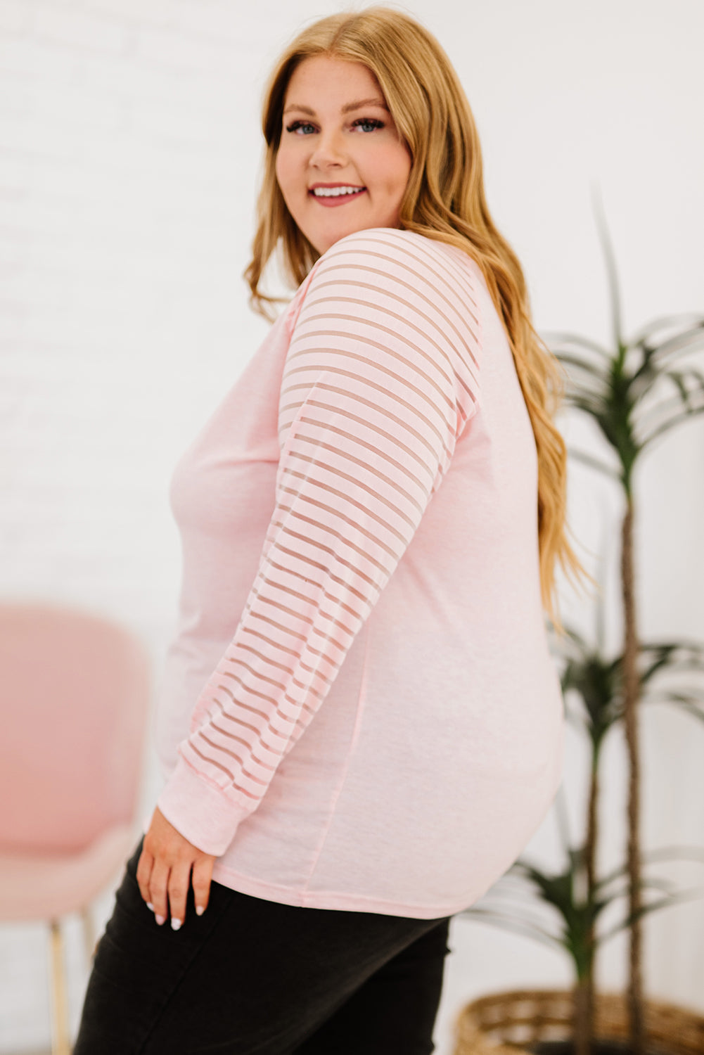 PREORDER- Plus Size Sheer Striped Sleeve V-Neck Top