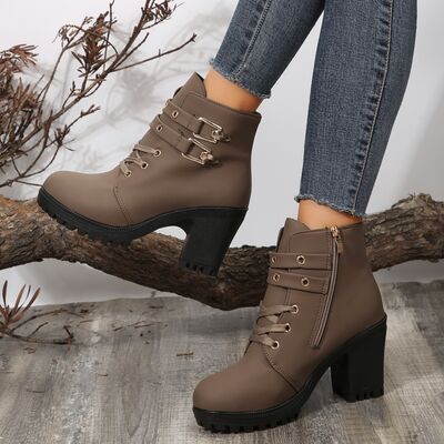 PREORDER- PU Leather Round Toe Block Heel Boots