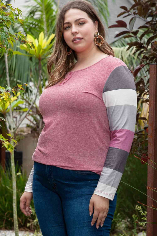 PREORDER- Plus Size Round Neck Color Block Long Sleeve T-Shirt