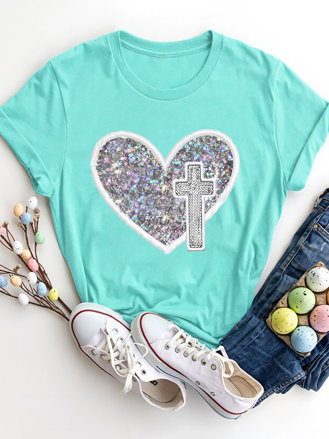 PREORDER- Sequin Heart Round Neck Short Sleeve T-Shirt