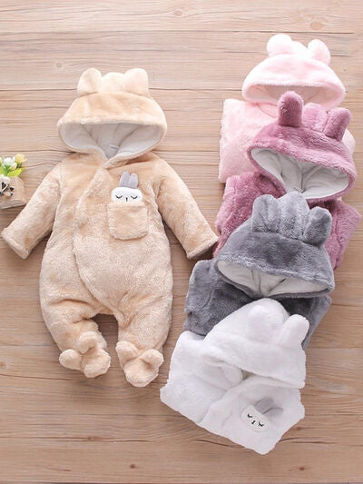 PREORDER- Baby Rabbit Decor Long Sleeve Hooded Snapped Jumpsuit