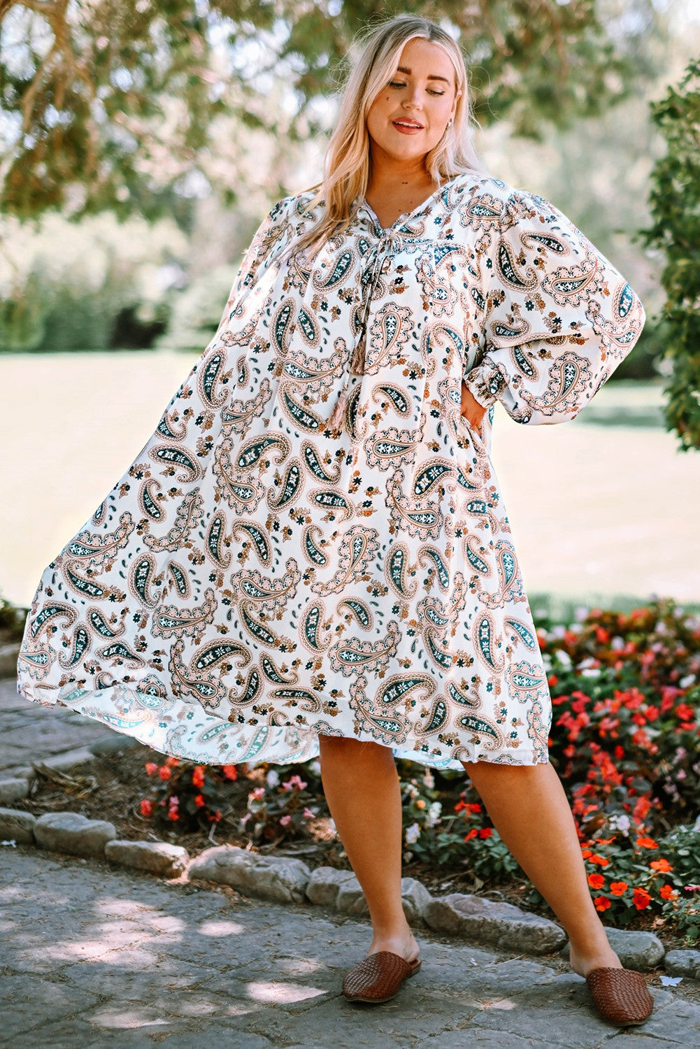 PREORDER- Plus Size Paisley Print Puff Sleeve Dress