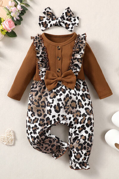 PREORDER- Baby Leopard Bow Round Neck Long Sleeve Jumpsuit
