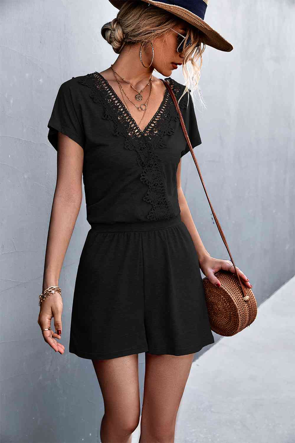 PREORDER- Lace Trim V-Neck Romper