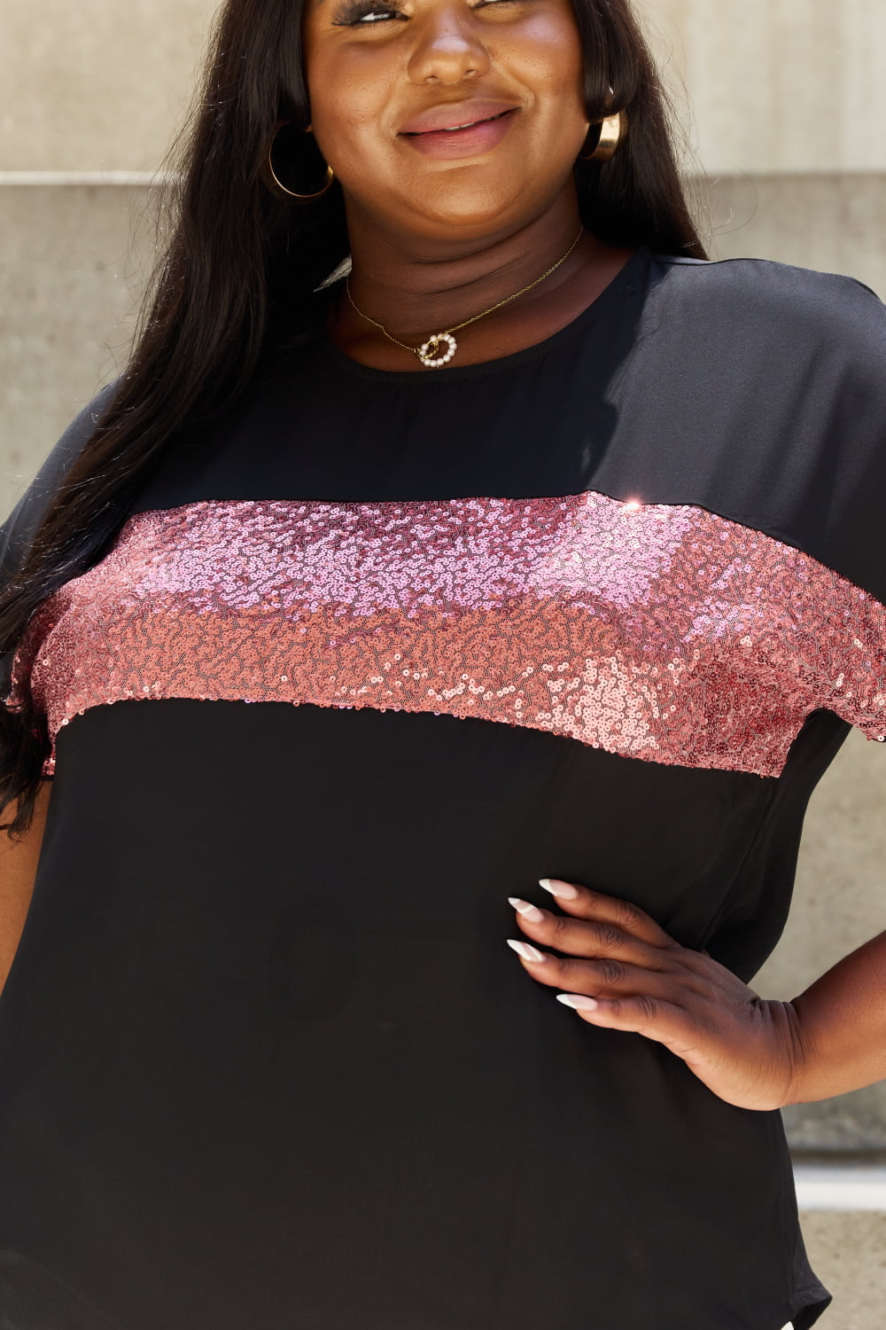 Sew In Love Shine Bright Full Size Center Mesh Sequin Top in Black/Mauve