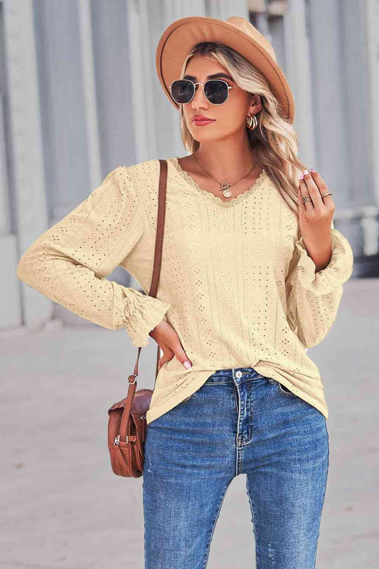 PREORDER- Lace Trim V-Neck Flounce Sleeve Top