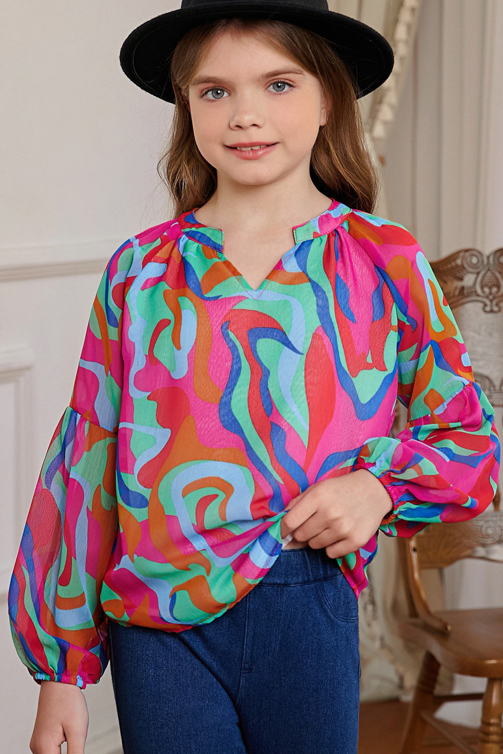 PREORDER- Girls Printed Notched Neck Puff Sleeve Blouse